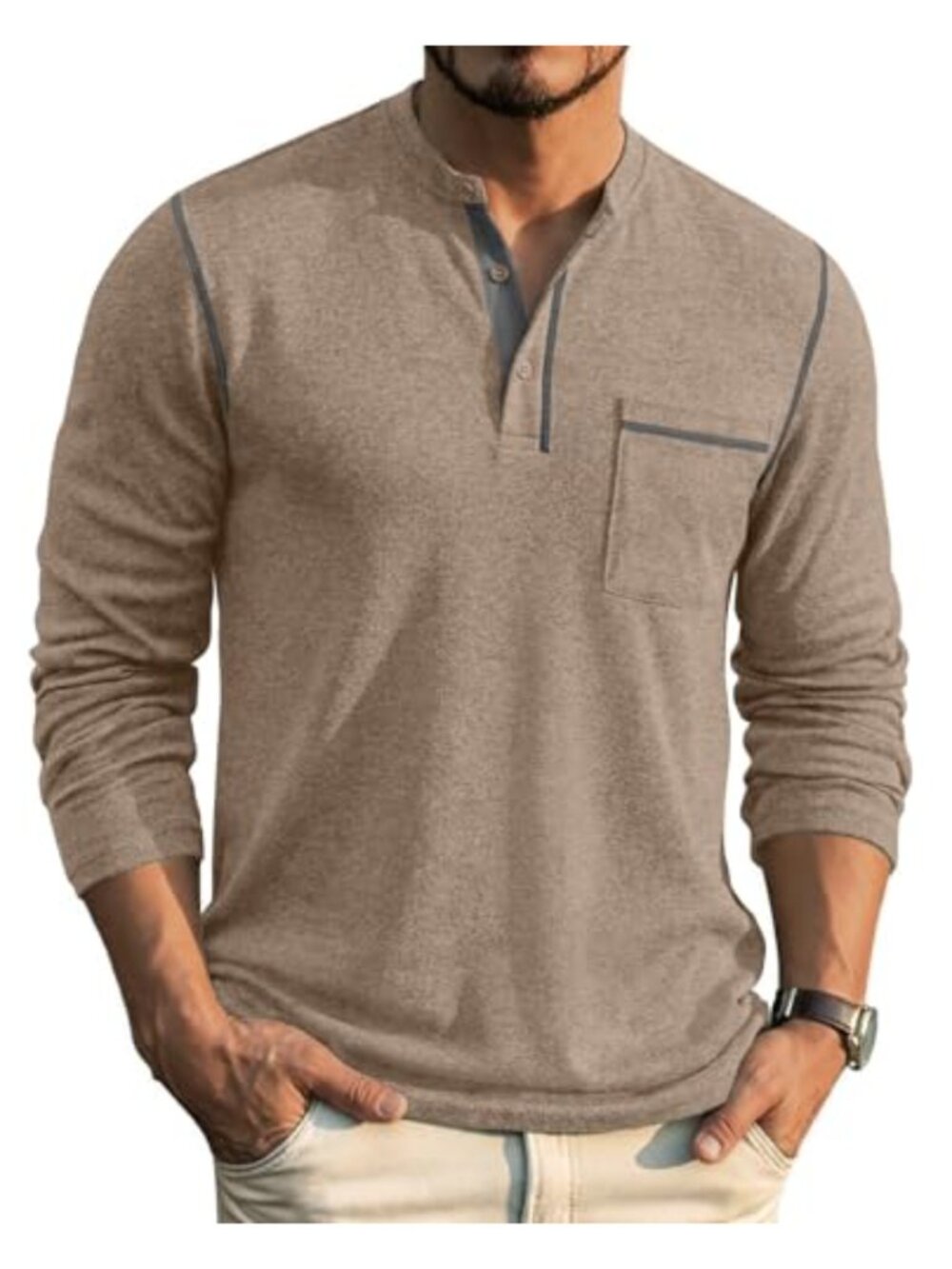 Men's Henley Long Sleeve Button Pullover Tee with Pocket Casual Shirt